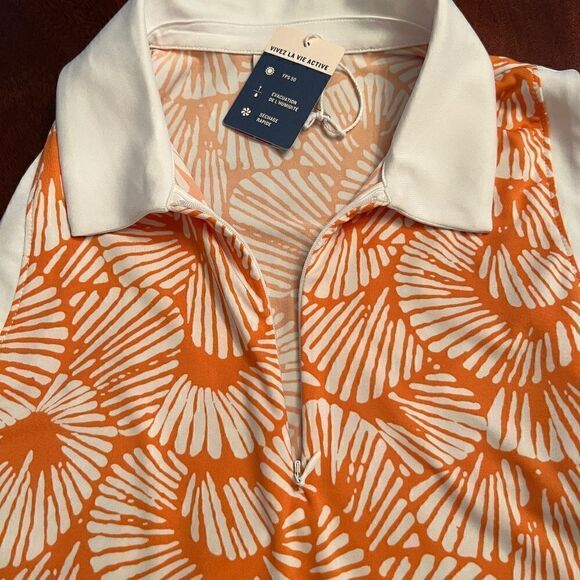 NWT Women's Tommy Bahama Golf Orange White Print Top Polo Shirt Size MEDIUM - Picture 2 of 2